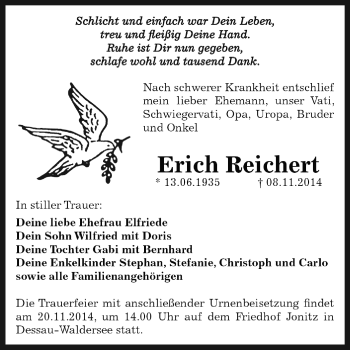 Traueranzeige von Erich Reichert von WVG - Wochenspiegel Dessau / Köthen