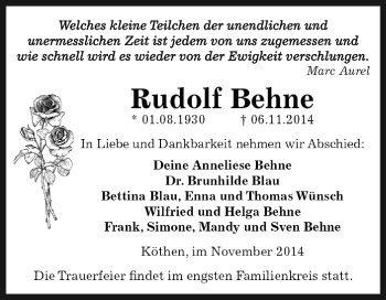 Traueranzeige von Rudolf Behne von WVG - Wochenspiegel Dessau / Köthen