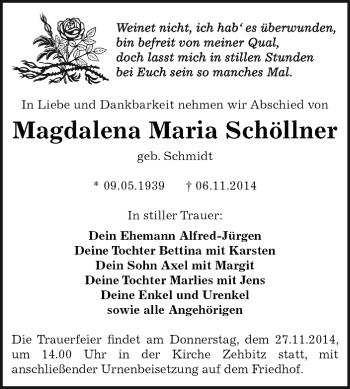 Traueranzeige von Magdalena Maria Schöllner von WVG - Wochenspiegel Dessau / Köthen