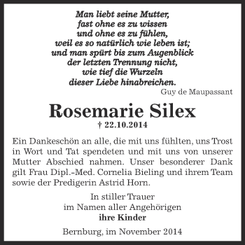 Traueranzeige von Rosemarie Silex von Super Sonntag Bernburg