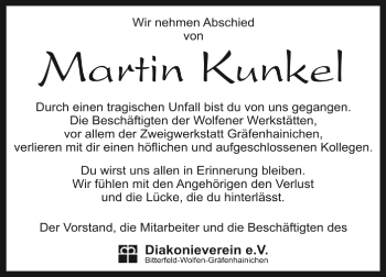 Traueranzeige von Martin  Kunkel von WVG - Wochenspiegel Bitterfeld