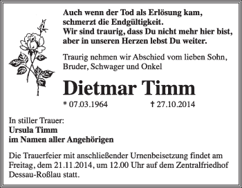 Traueranzeige von Dietmar Timm von Super Sonntag Dessau / Köthen