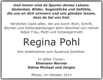 Traueranzeige von Regina Pohl von WVG - Wochenspiegel Merseburg