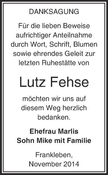 Traueranzeige von Lutz Fehse von WVG - Wochenspiegel Merseburg