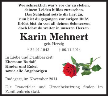 Traueranzeige von Karin Mehnert von WVG - Wochenspiegel Dessau / Köthen