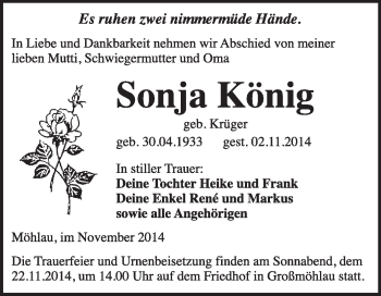 Traueranzeige von Sonja König von WVG - Wochenspiegel Wittenberg