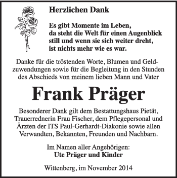 Traueranzeige von Frank Präger von Super Sonntag Wittenberg