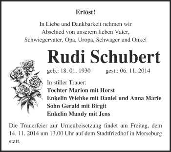 Traueranzeige von Rudi Schubert von Super Sonntag Merseburg