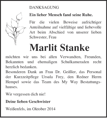 Traueranzeige von Marlit Stanke von WochenSpiegel
