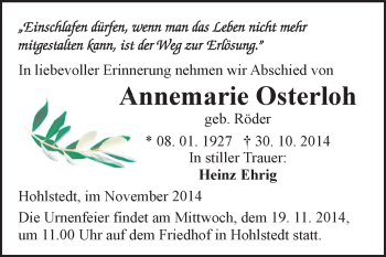 Traueranzeige von Annemarie Osterloh von Super Sonntag SGH Mansf. Land