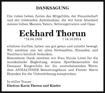 Traueranzeige von Eckhard Thorun von WVG - Wochenspiegel Dessau / Köthen