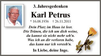 Traueranzeige von Karl Petrus von WVG - Wochenspiegel Dessau / Köthen