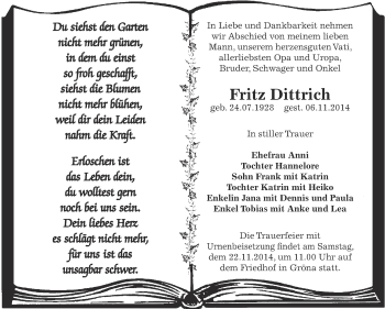 Traueranzeige von Fritz Dittrich von Super Sonntag Bernburg