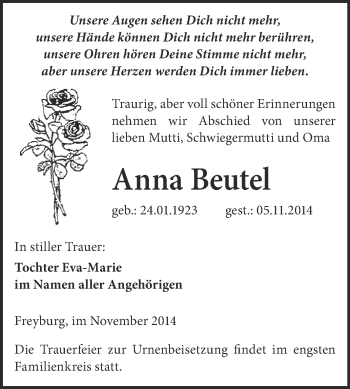 Traueranzeige von Anna Beutel von WVG - Wochenspiegel NMB / WSF / ZTZ