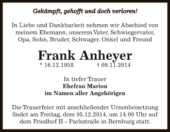 Traueranzeige von Frank Anheyer von Super Sonntag Bernburg