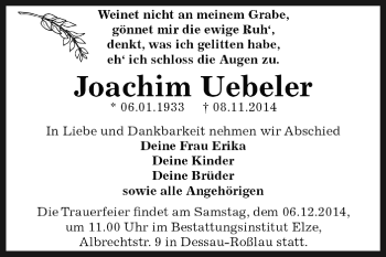 Traueranzeige von Joachim Uebeler von WVG - Wochenspiegel Dessau / Köthen