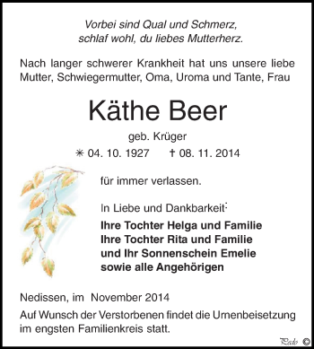 Traueranzeige von Käthe Beer von Super Sonntag Zeitz