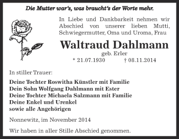 Traueranzeige von Waltraud Dahlmann von Super Sonntag Zeitz