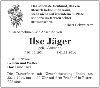 Traueranzeige von Ilse Jäger von WVG - Wochenspiegel Bitterfeld