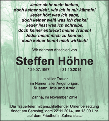 Traueranzeige von Steffen Höhne von Super Sonntag Wittenberg