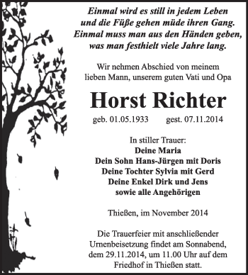 Traueranzeige von Horst Richter von WVG - Wochenspiegel Wittenberg