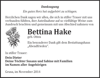 Traueranzeige von Bettina Hake von WVG - Wochenspiegel Merseburg