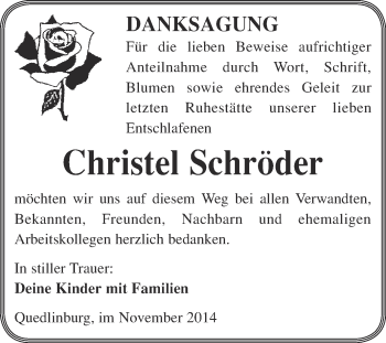 Traueranzeige von Christel Schröder von WVG - Wochenspiegel Quedlinburg