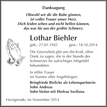 Traueranzeige von Lothar Biehler von Super Sonntag Quedlinburg