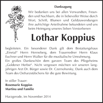 Traueranzeige von Lothar Koppius von Super Sonntag Quedlinburg