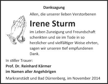 Traueranzeige von Irene Sturm von Super Sonntag Merseburg