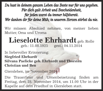 Traueranzeige von Lieselotte Ehrhardt von Super Sonntag Aschersleben