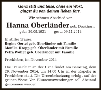 Traueranzeige von Hanna Oberländer von Super Sonntag Aschersleben