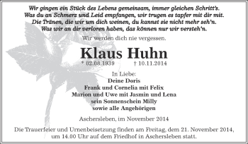 Traueranzeige von Klaus Huhn von Super Sonntag Aschersleben