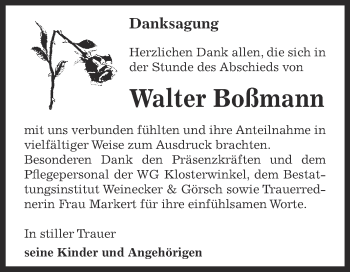 Traueranzeige von Walter Boßmann von Super Sonntag Bernburg