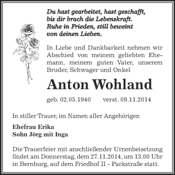 Traueranzeige von Anton Wohland von Super Sonntag Bernburg