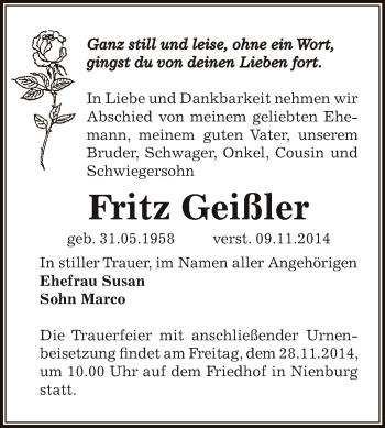 Traueranzeige von Fritz Geißler von Super Sonntag Bernburg