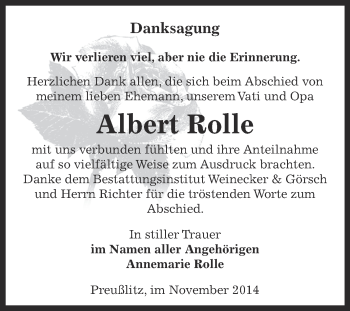 Traueranzeige von Albert Rolle von Super Sonntag Bernburg