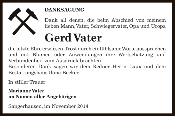 Traueranzeige von Gerd Vater von Super Sonntag SGH Mansf. Land