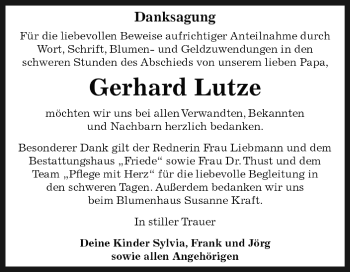 Traueranzeige von Gerhard Lutze von WVG - Wochenspiegel Dessau / Köthen