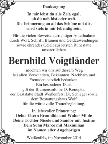 Traueranzeige von Bernhild Voigtländer von WVG - Wochenspiegel NMB / WSF / ZTZ