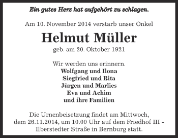 Traueranzeige von Helmut Müller von Super Sonntag Bernburg