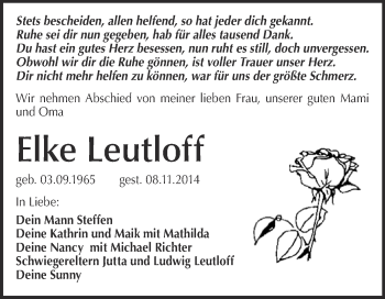 Traueranzeige von Elke Leutloff von WVG - Wochenspiegel NMB / WSF / ZTZ