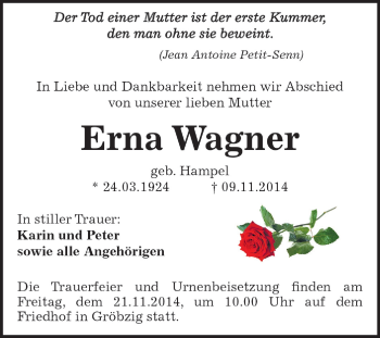 Traueranzeige von Erna Wagner von WVG - Wochenspiegel Dessau / Köthen