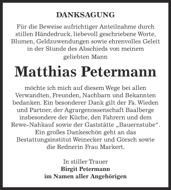 Traueranzeige von Matthias Petermann von Super Sonntag Bernburg