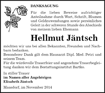 Traueranzeige von Hellmut Jäntsch von WVG - Wochenspiegel Dessau / Köthen