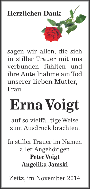 Traueranzeige von Erna Voigt von Super Sonntag Zeitz