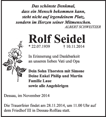 Traueranzeige von Rolf Seidel von Super Sonntag Dessau / Köthen