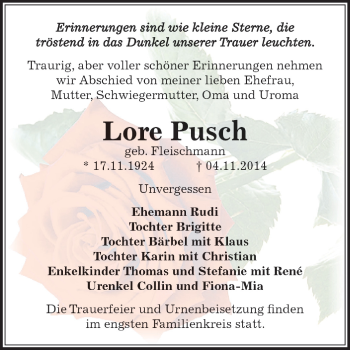 Traueranzeige von Lore Pusch von WVG - Wochenspiegel Dessau / Köthen