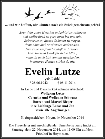 Traueranzeige von Evelin Lutze von Super Sonntag Aschersleben