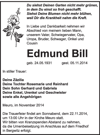 Traueranzeige von Edmund Bill von WVG - Wochenspiegel Wittenberg